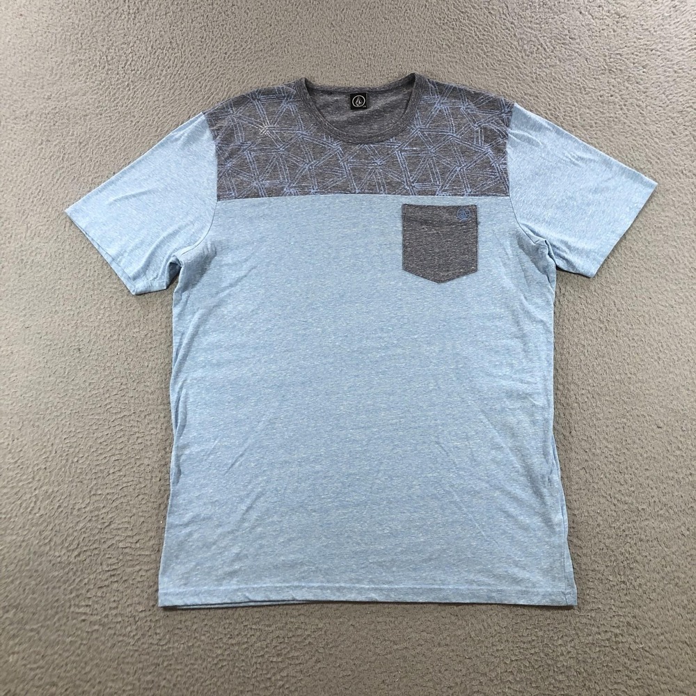 vtg Volcom Shirt Mens L Blue Gray Colorblock Pocket Tee Short Sleeve Crewneck